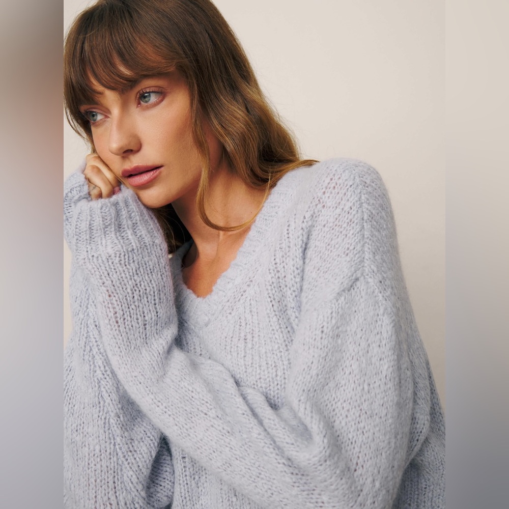 Reformation Light Blue V-Neck Mohair Sweater